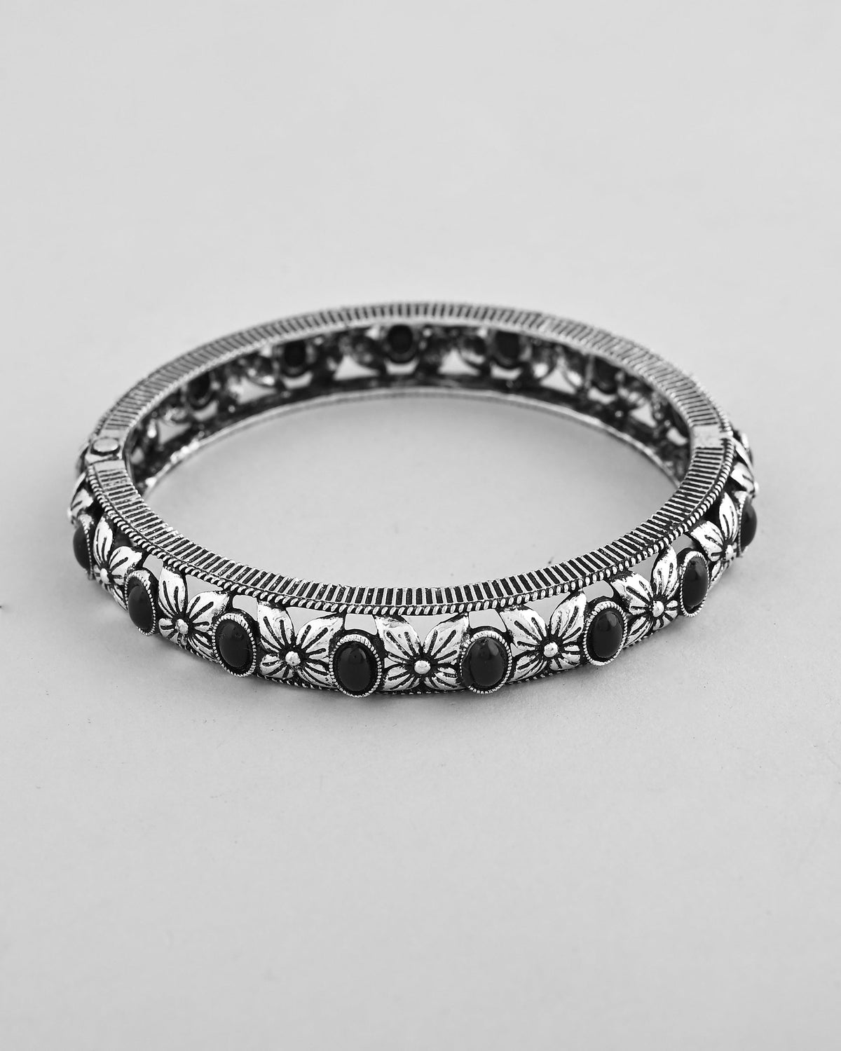 VOJ Rhodium Plated Black Stone Studded Kada Bracelet | Grocsy