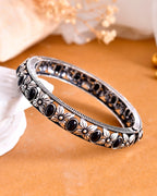 VOJ Rhodium Plated Black Stone Studded Kada Bracelet | Grocsy
