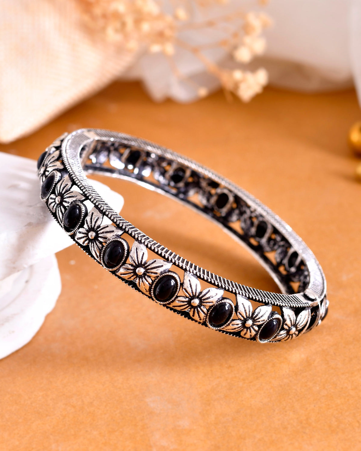 VOJ Rhodium Plated Black Stone Studded Kada Bracelet | Grocsy