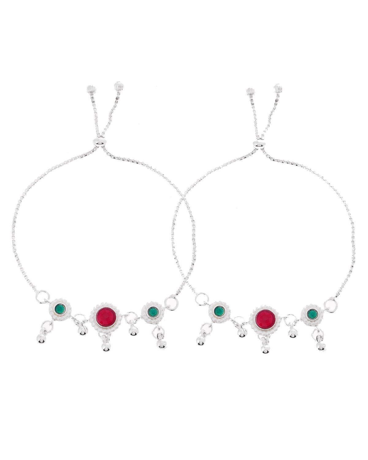 VOJ Set of 2 Silver-Plated Artificial Stones And Beads Anklet | Grocsy