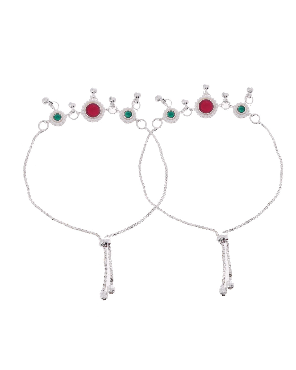 VOJ Set of 2 Silver-Plated Artificial Stones And Beads Anklet | Grocsy