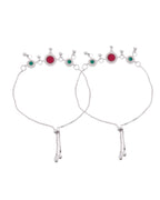 VOJ Set of 2 Silver-Plated Artificial Stones And Beads Anklet | Grocsy