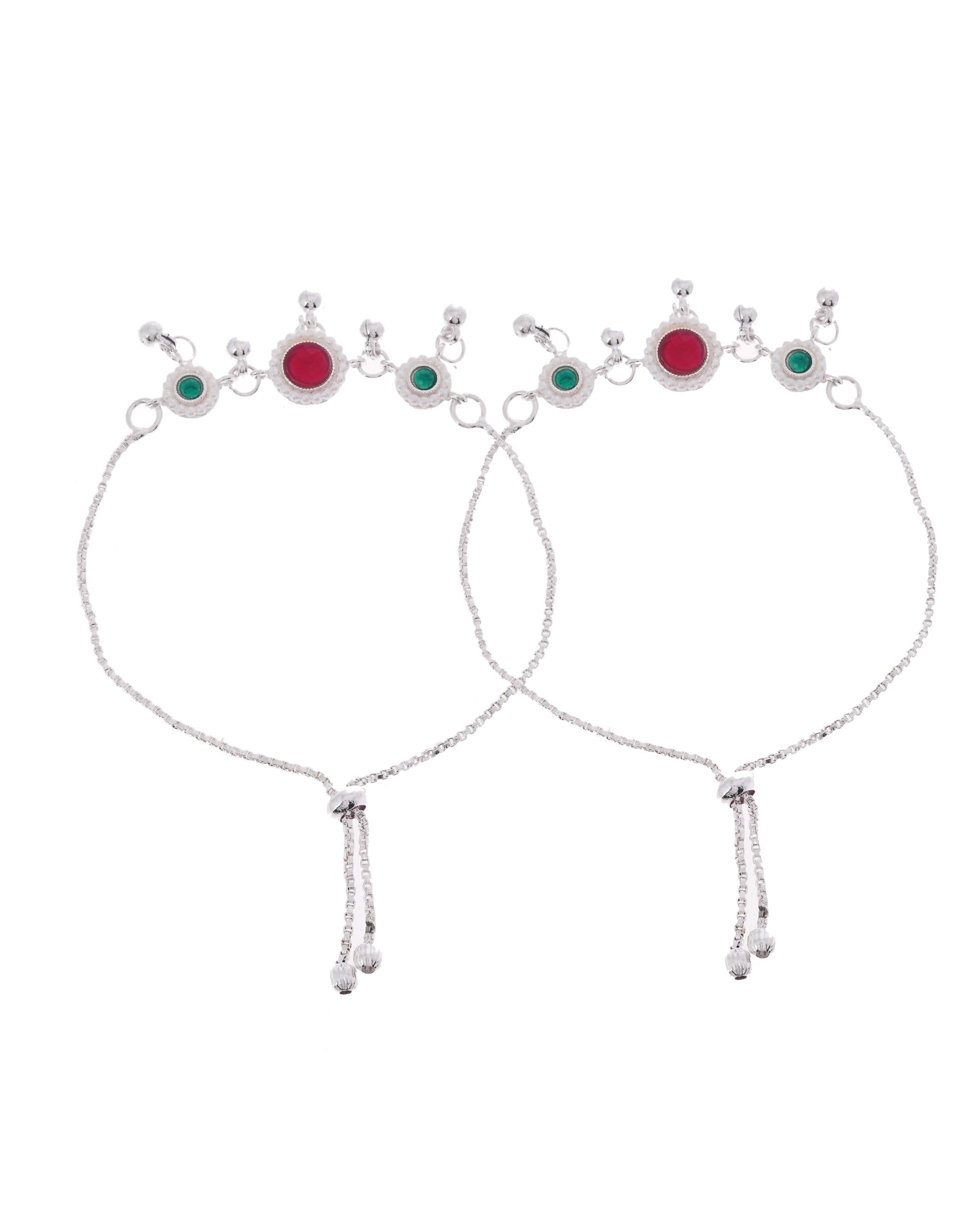 VOJ Set of 2 Silver-Plated Artificial Stones And Beads Anklet | Grocsy