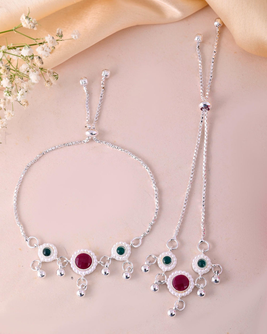 VOJ Set of 2 Silver-Plated Artificial Stones And Beads Anklet | Grocsy