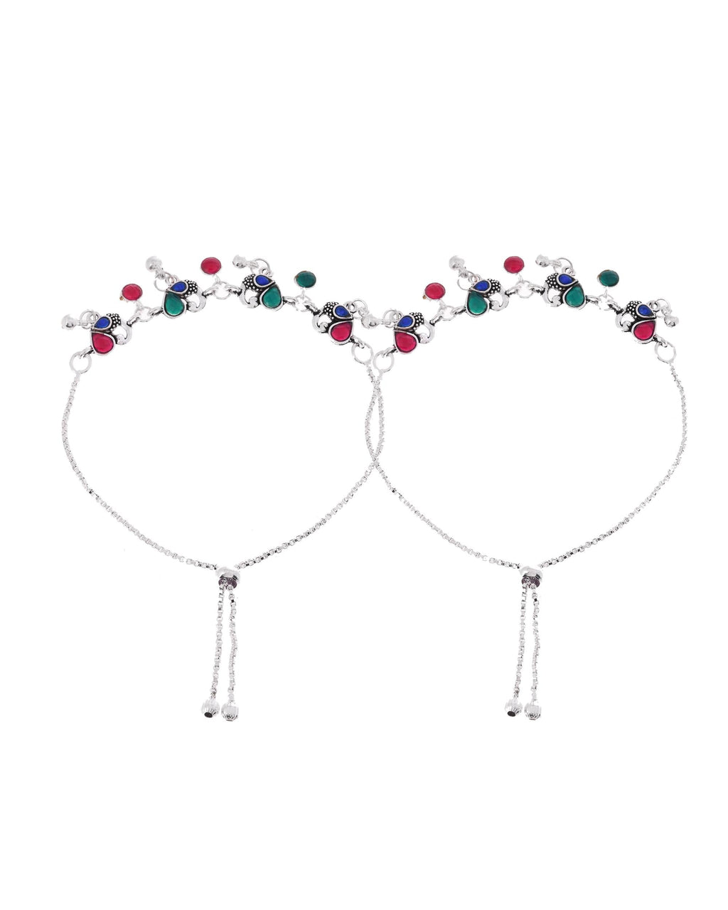 VOJ Set of 2 Silver-Plated Peacock Shaped Artificial Stones Anklet | Grocsy
