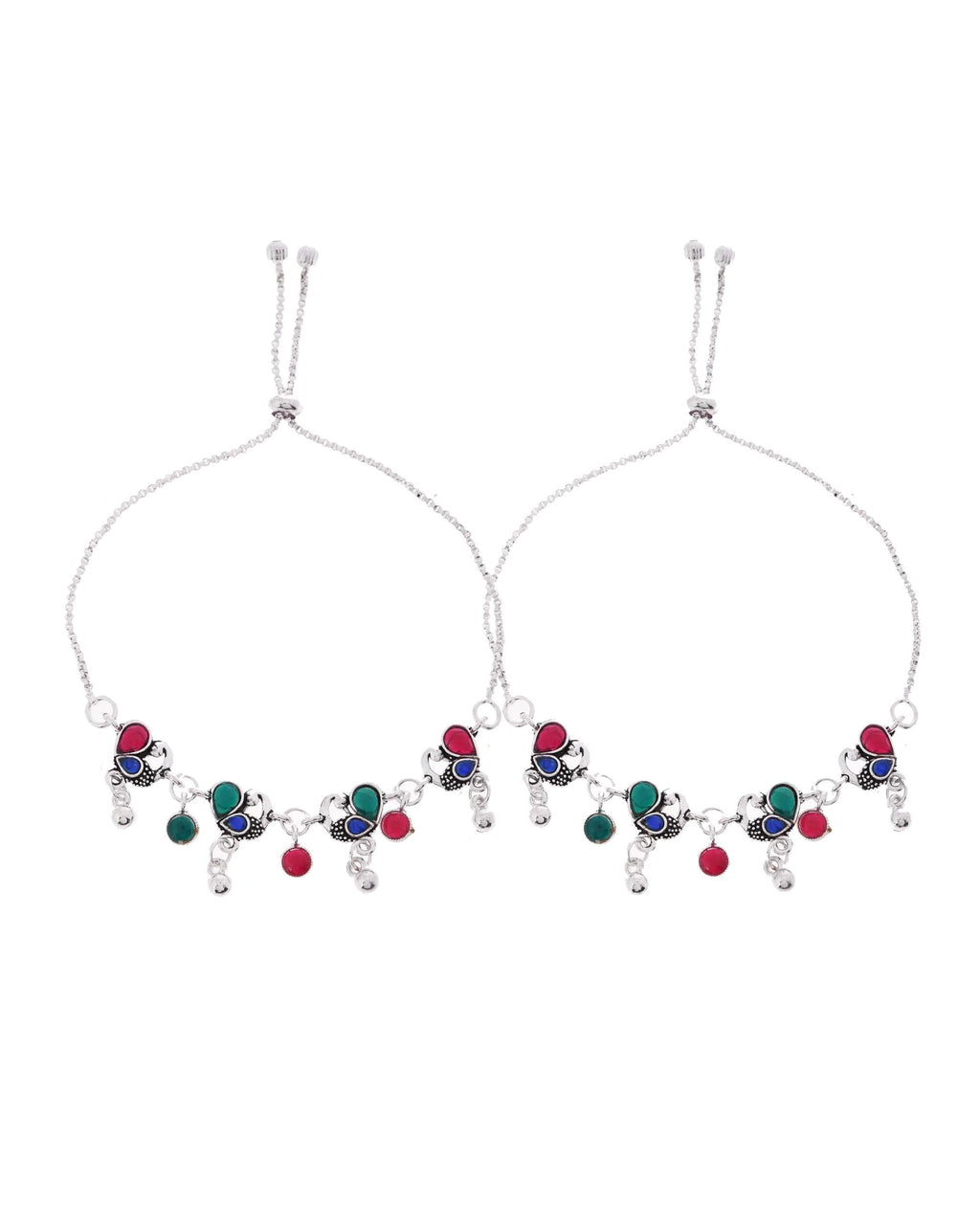 VOJ Set of 2 Silver-Plated Peacock Shaped Artificial Stones Anklet | Grocsy