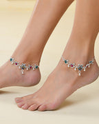 VOJ Set of 2 Silver-Plated Peacock Shaped Stone Studded Anklets | Grocsy