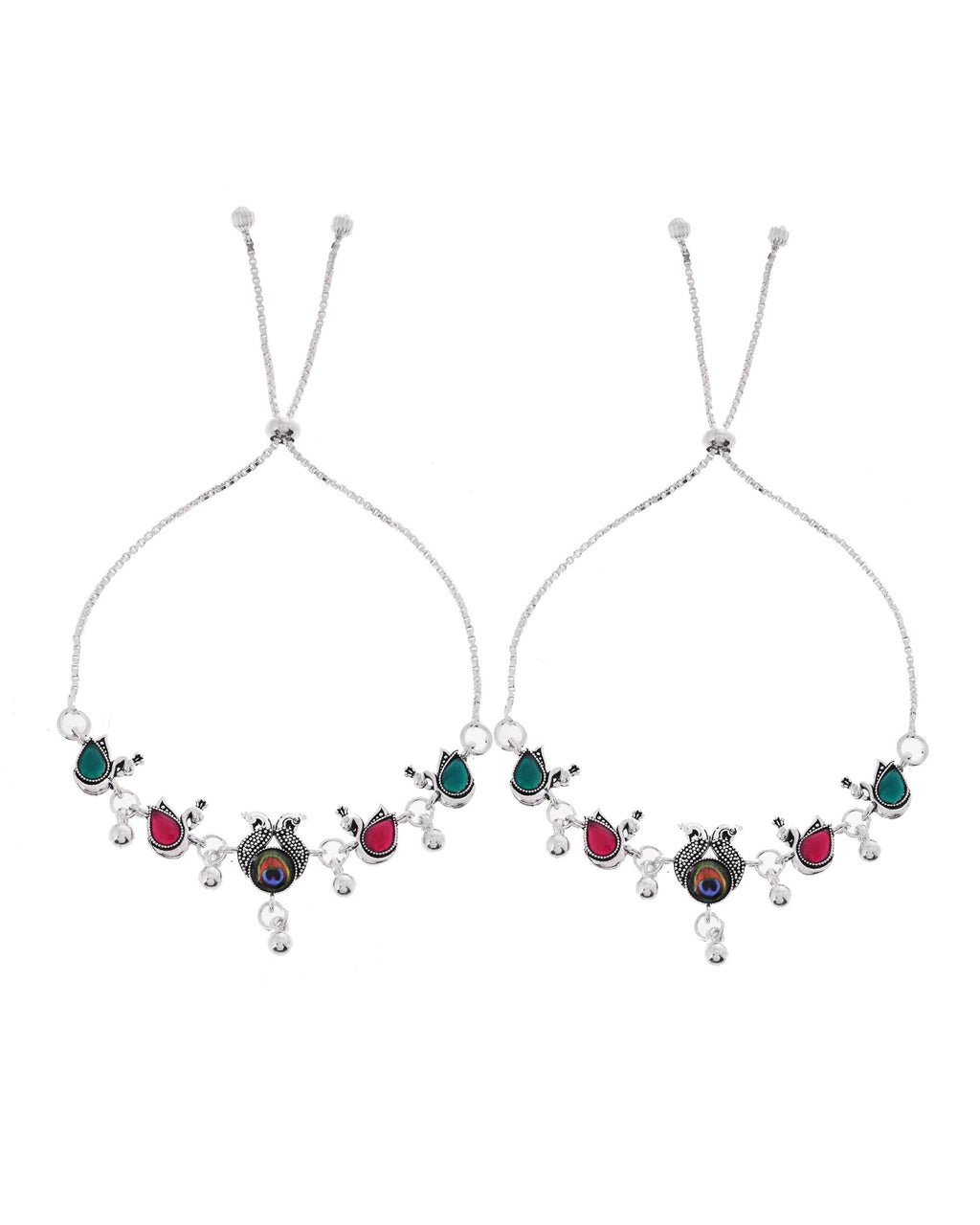VOJ Set of 2 Silver-Plated Peacock Shaped Stone Studded Anklets | Grocsy