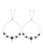 VOJ Set of 2 Silver-Plated Peacock Shaped Stone Studded Anklets | Grocsy