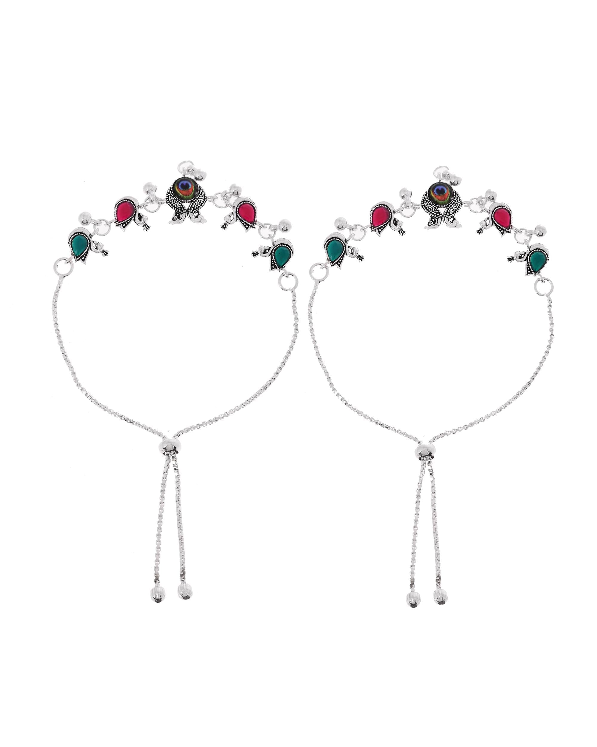 VOJ Set of 2 Silver-Plated Peacock Shaped Stone Studded Anklets | Grocsy