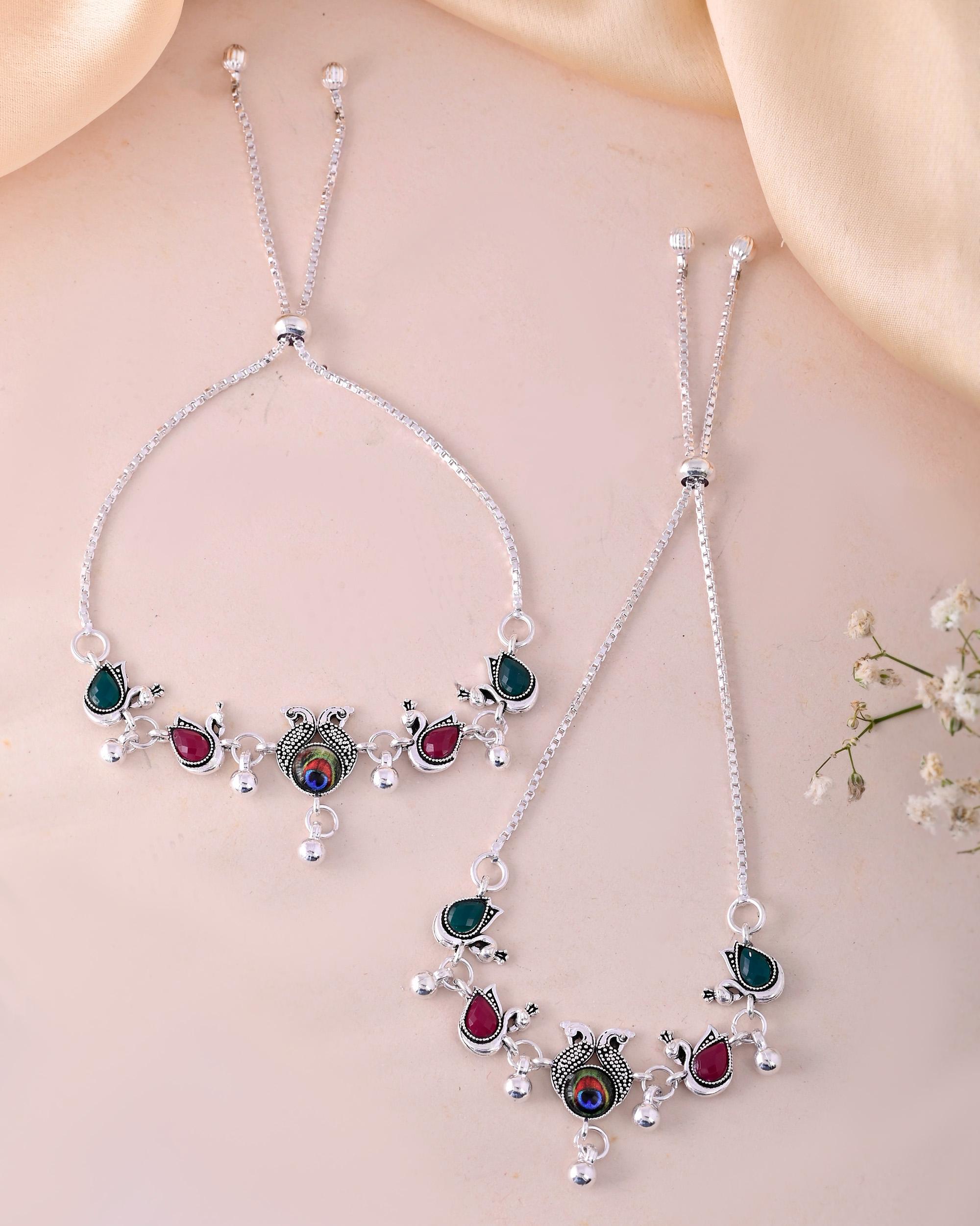 VOJ Set of 2 Silver-Plated Peacock Shaped Stone Studded Anklets | Grocsy