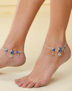 VOJ Set of 2 Silver-Plated Peacock Shaped Stone Studded Anklet | Grocsy