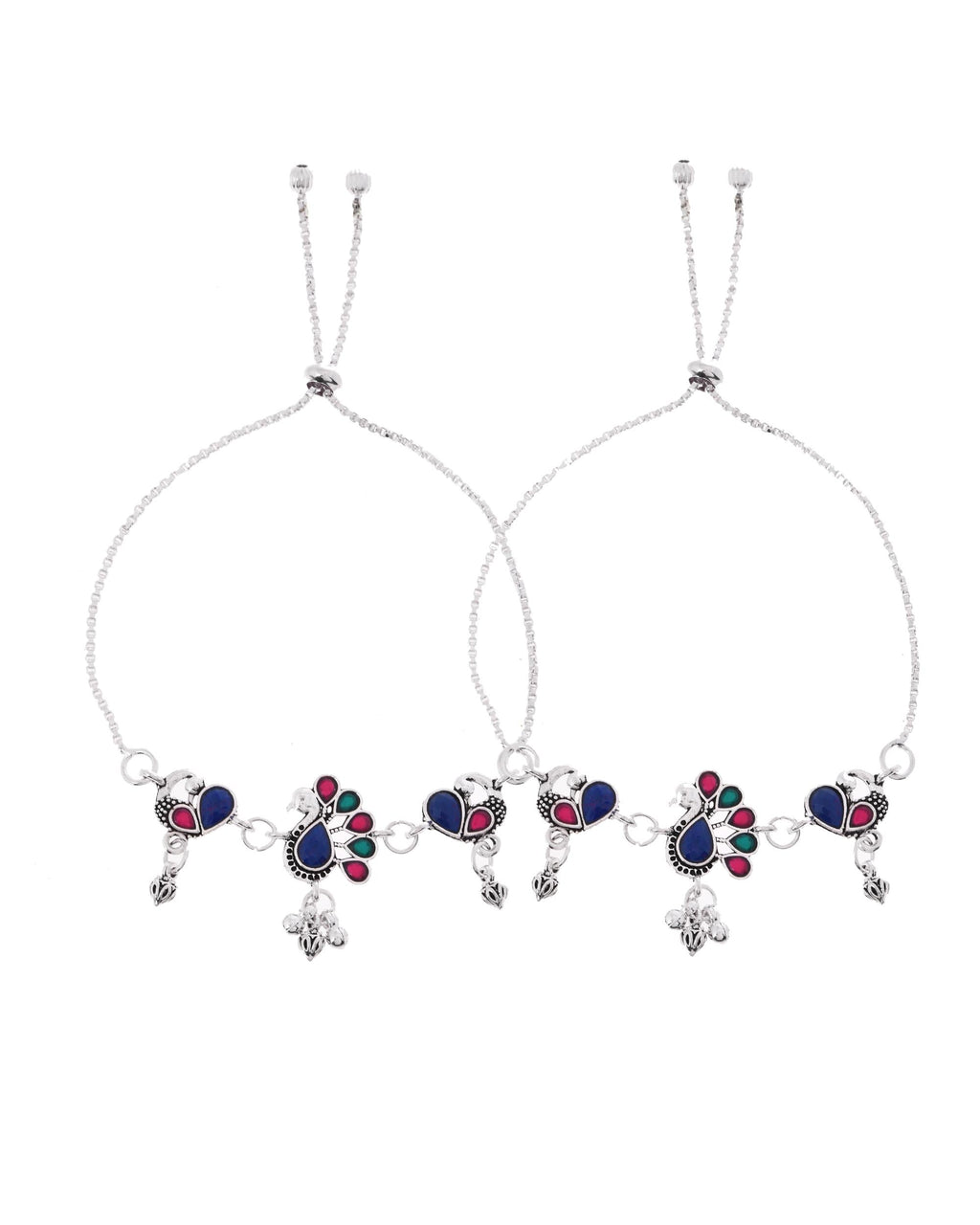 VOJ Set of 2 Silver-Plated Peacock Shaped Stone Studded Anklet | Grocsy