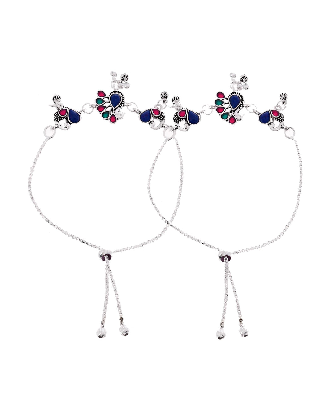 VOJ Set of 2 Silver-Plated Peacock Shaped Stone Studded Anklet | Grocsy