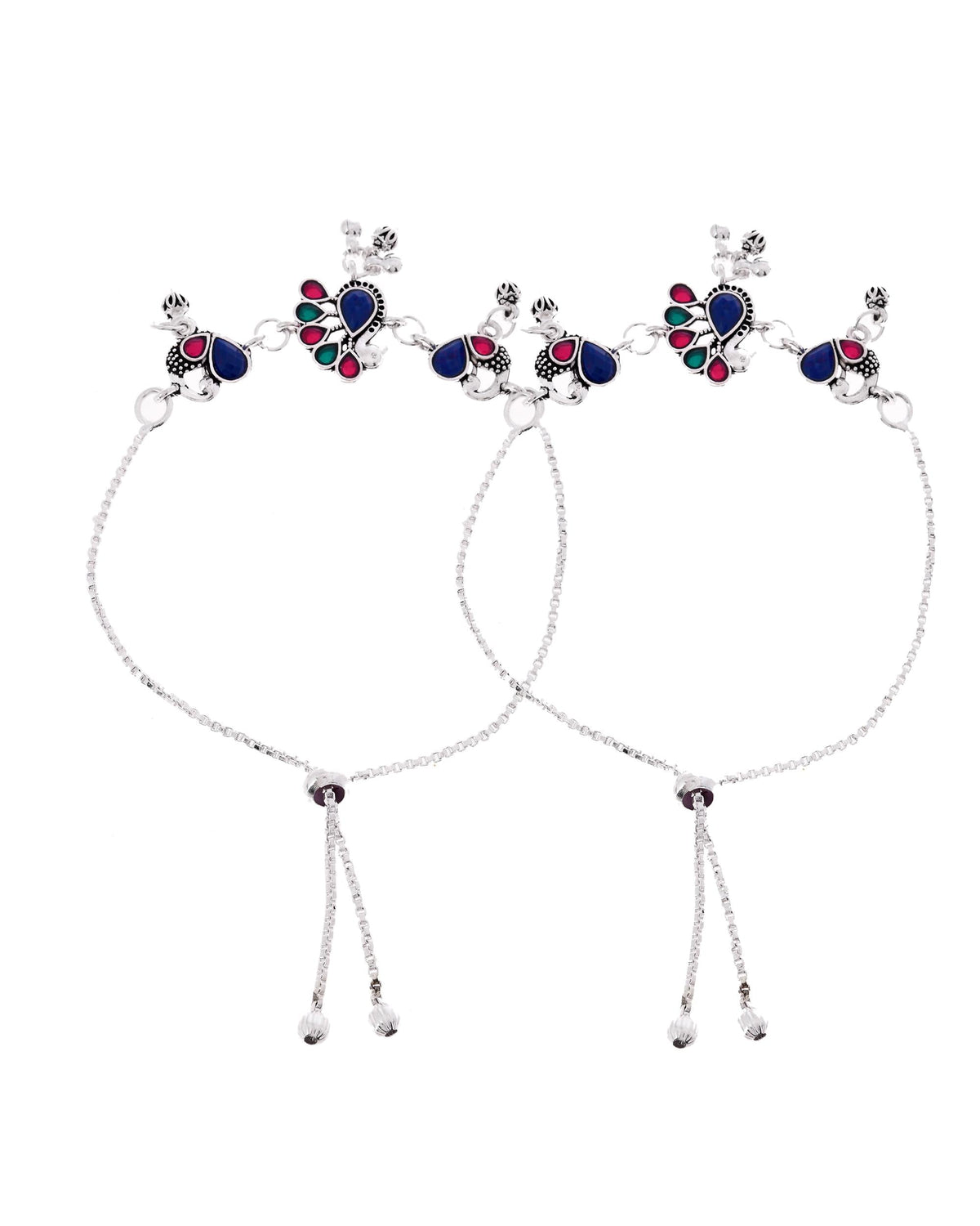 VOJ Set of 2 Silver-Plated Peacock Shaped Stone Studded Anklet | Grocsy