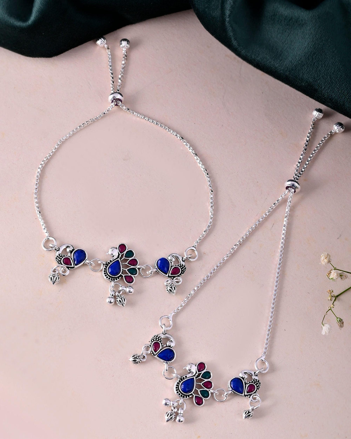 VOJ Set of 2 Silver-Plated Peacock Shaped Stone Studded Anklet | Grocsy