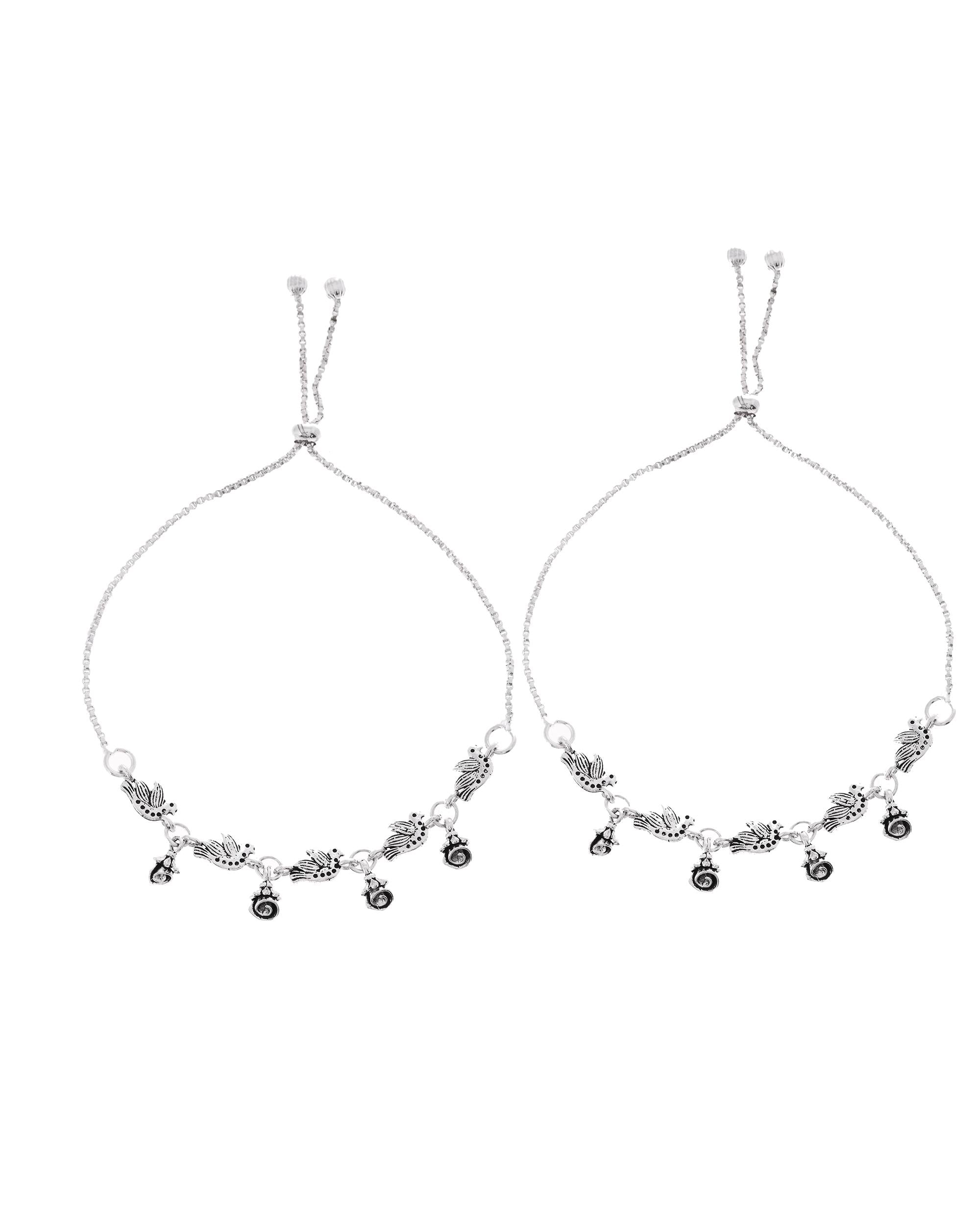 VOJ Set of 2 Silver Plated Bird And Rose Shaped Anklet | Grocsy