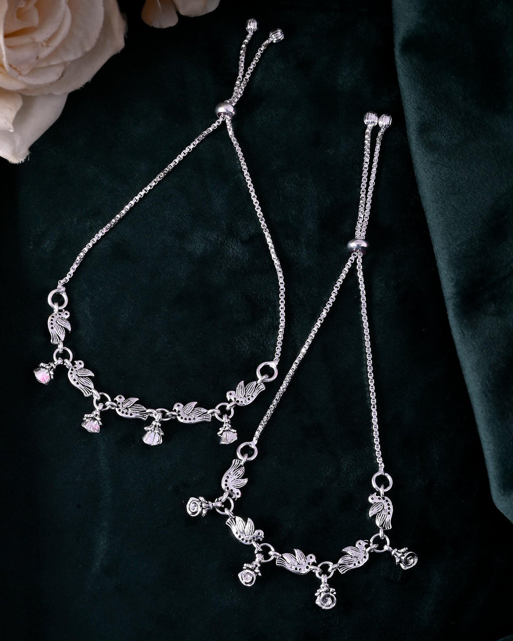 VOJ Set of 2 Silver Plated Bird And Rose Shaped Anklet | Grocsy