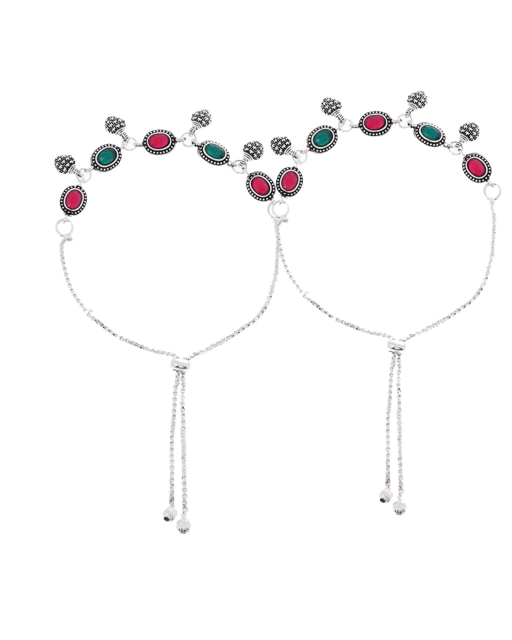 VOJ Set of 2 Silver-Plated Artificial Stones Studded Anklet | Grocsy