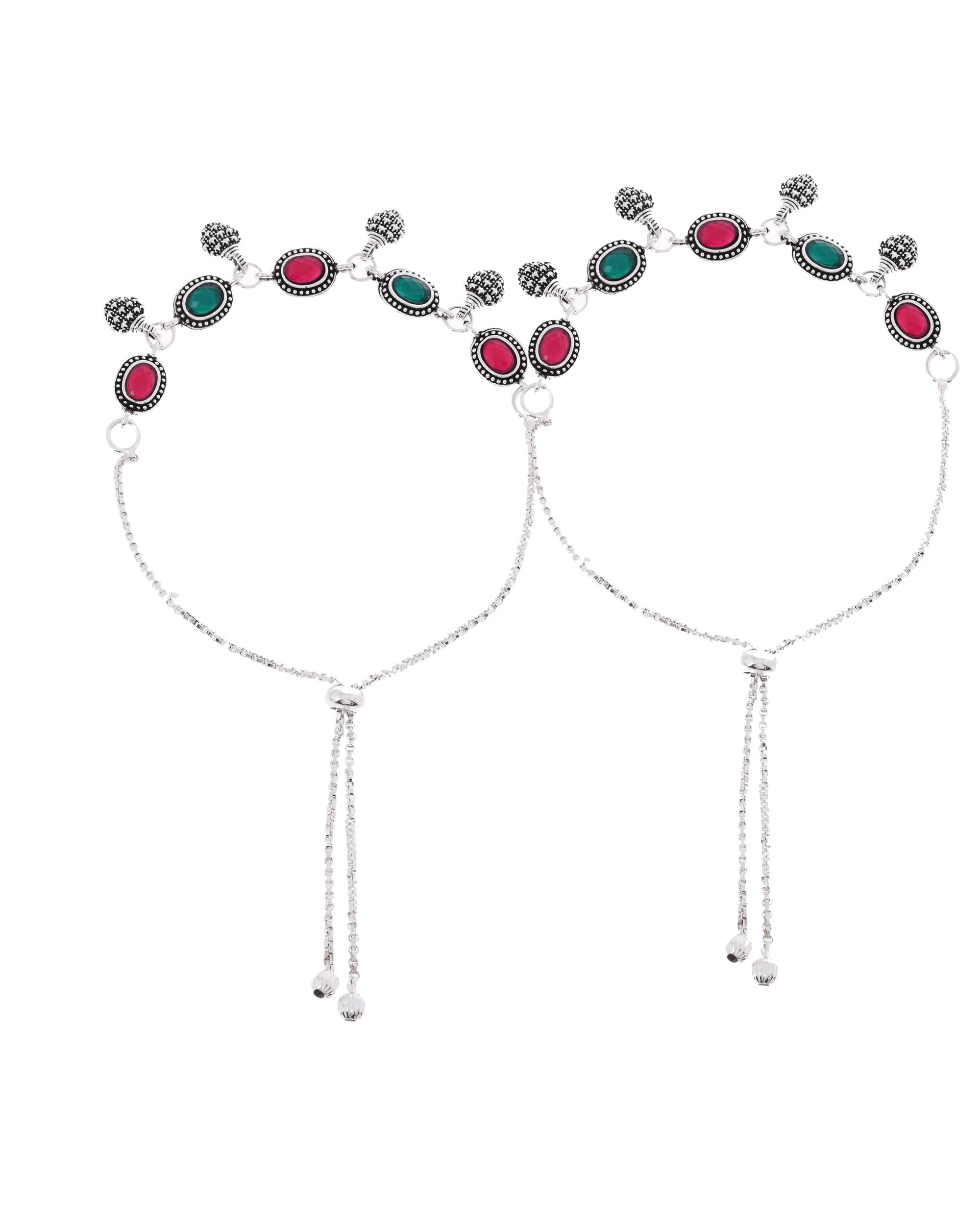 VOJ Set of 2 Silver-Plated Artificial Stones Studded Anklet | Grocsy