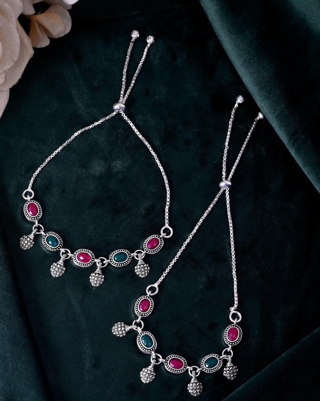 VOJ Set of 2 Silver-Plated Artificial Stones Studded Anklet | Grocsy