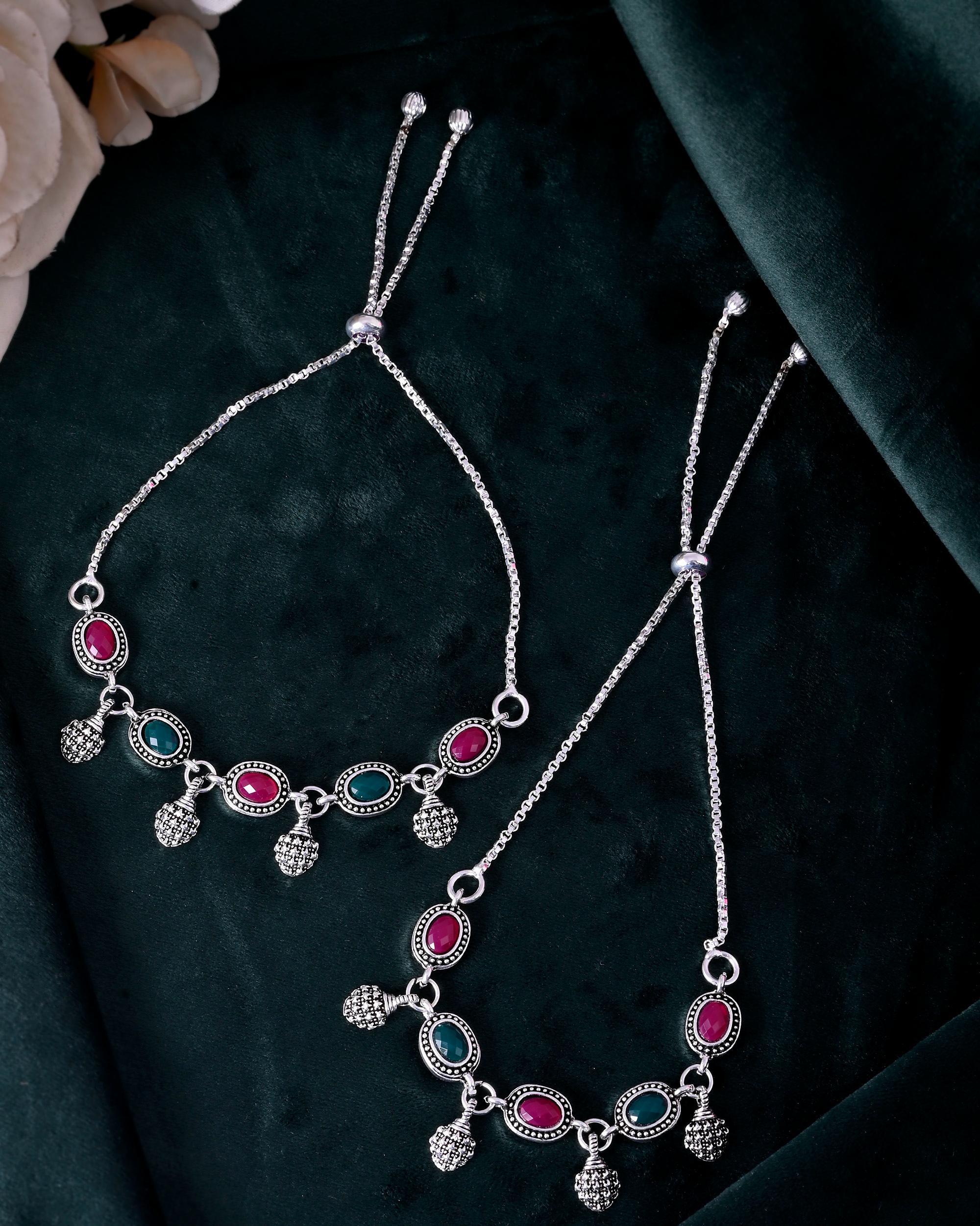 VOJ Set of 2 Silver-Plated Artificial Stones Studded Anklet | Grocsy
