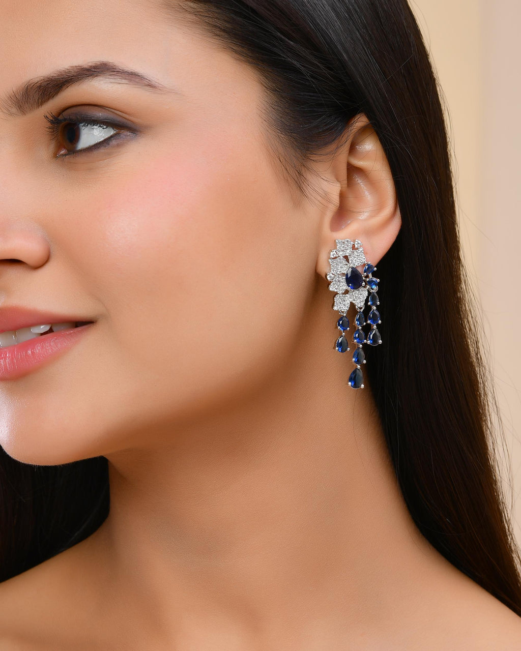 VOJ Silver Plated Ad And Blue Stone Studded Multi Layer Drop Earrings
