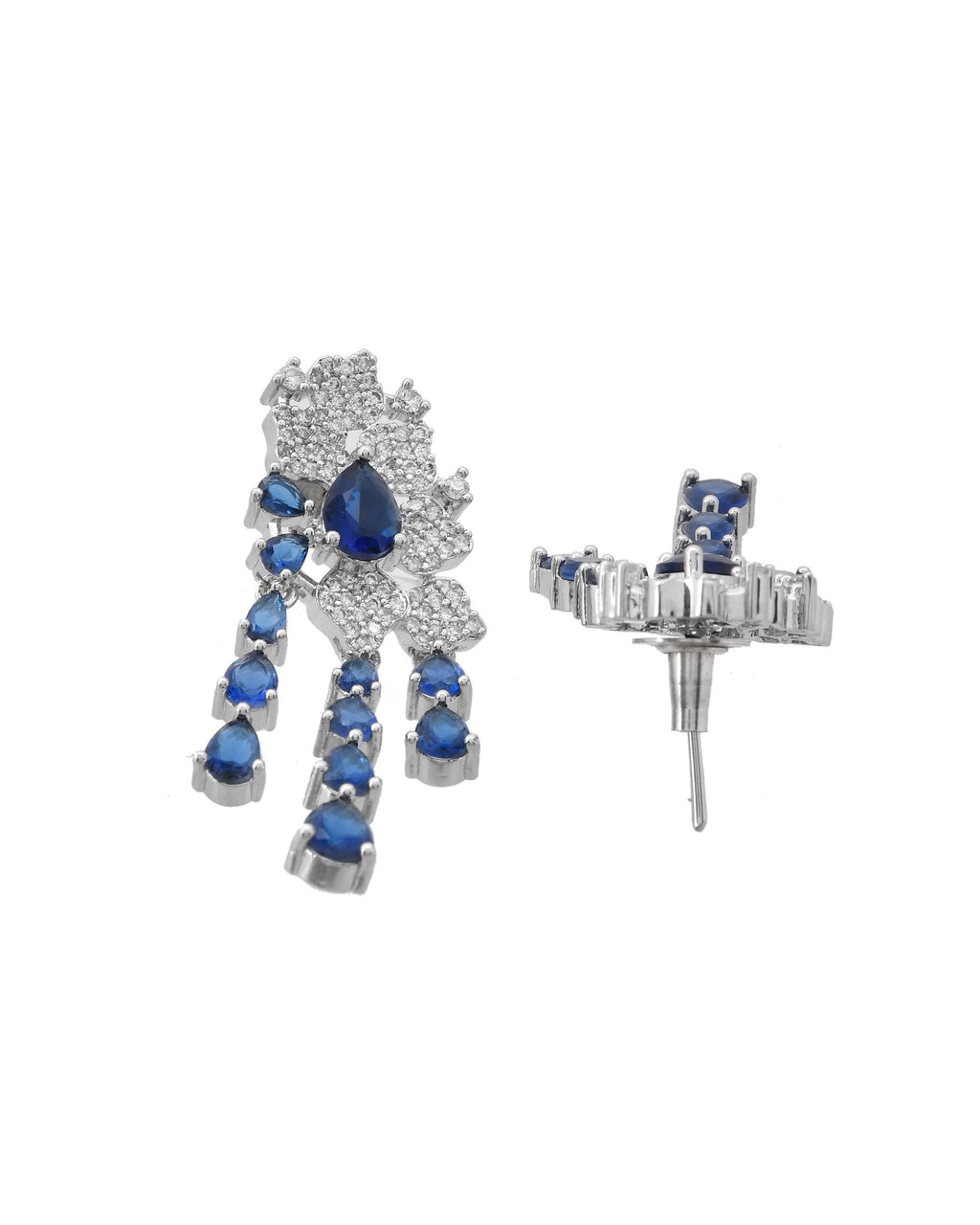 VOJ Silver Plated Ad And Blue Stone Studded Multi Layer Drop Earrings