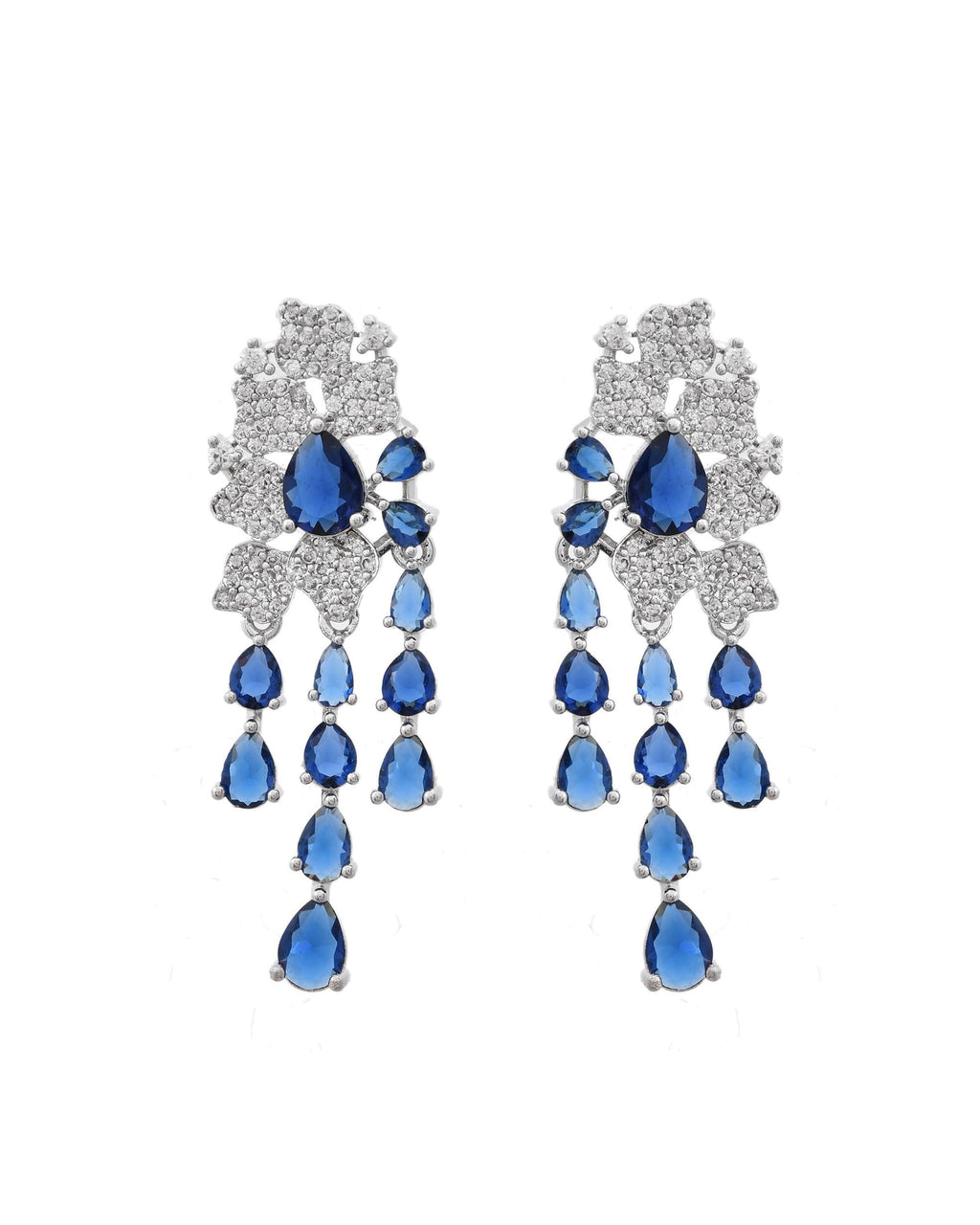 VOJ Silver Plated Ad And Blue Stone Studded Multi Layer Drop Earrings
