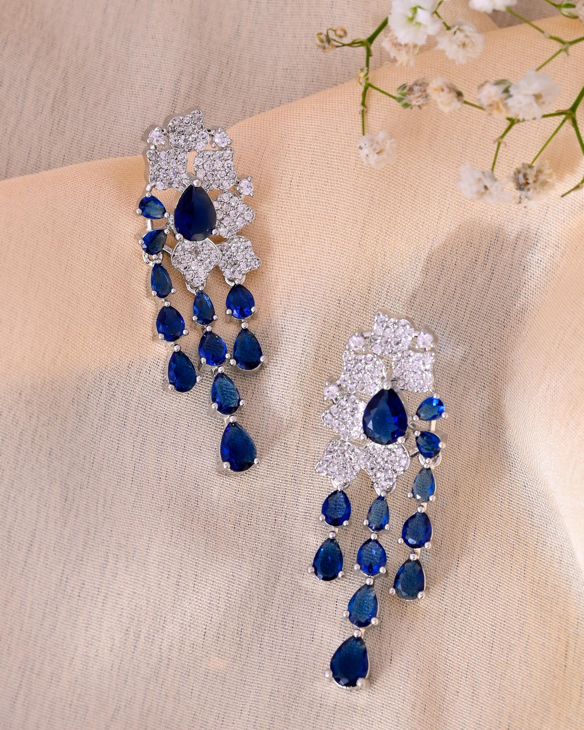 VOJ Silver Plated Ad And Blue Stone Studded Multi Layer Drop Earrings