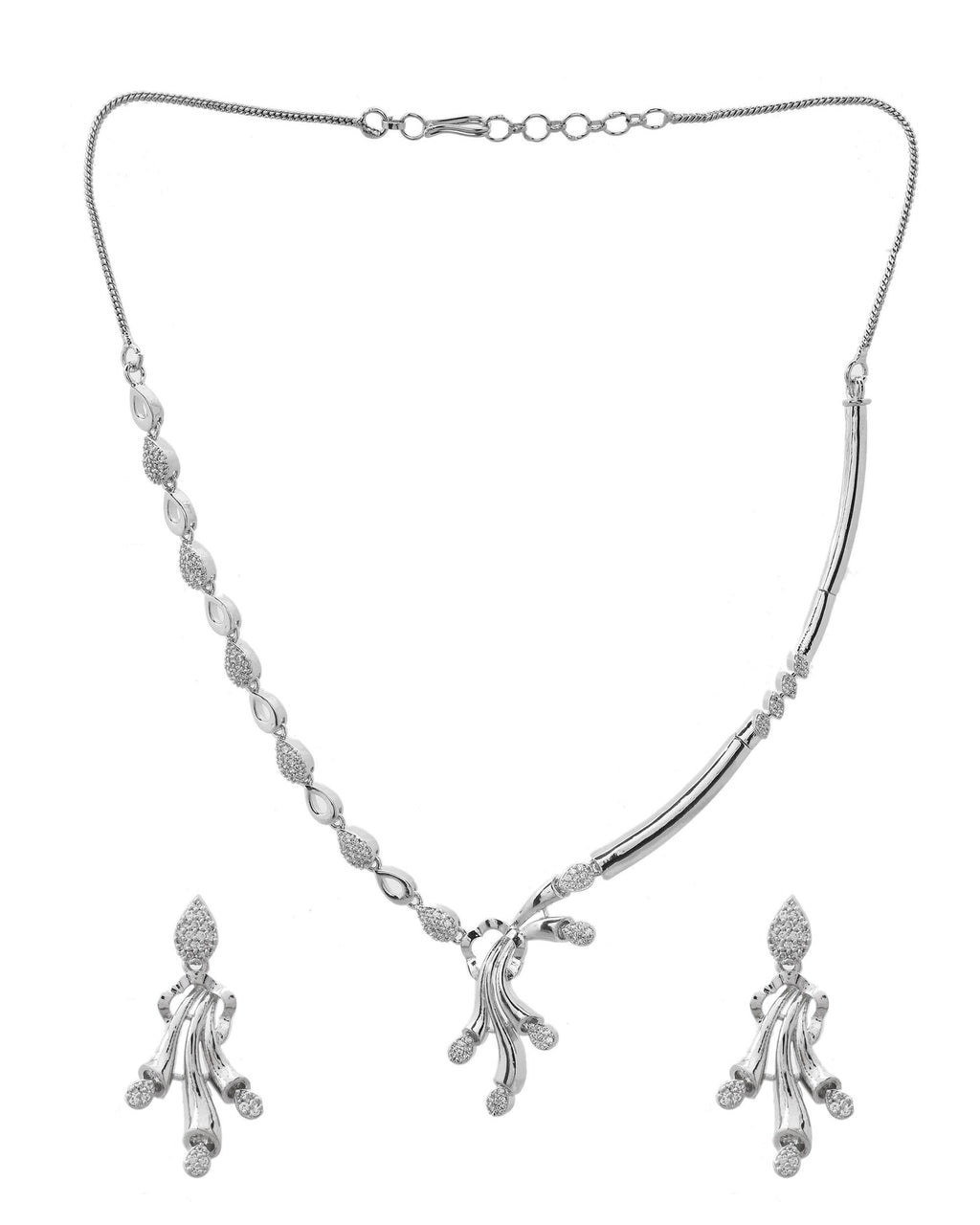 VOJ Silver Plated Ad Stone Studded Designer Necklace With Earrings Set | Grocsy