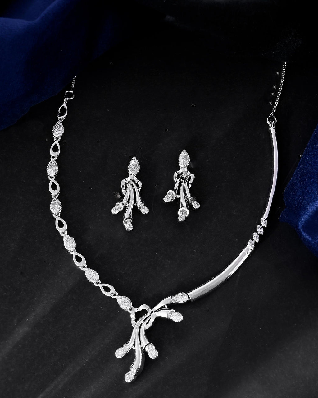VOJ Silver Plated Ad Stone Studded Designer Necklace With Earrings Set | Grocsy