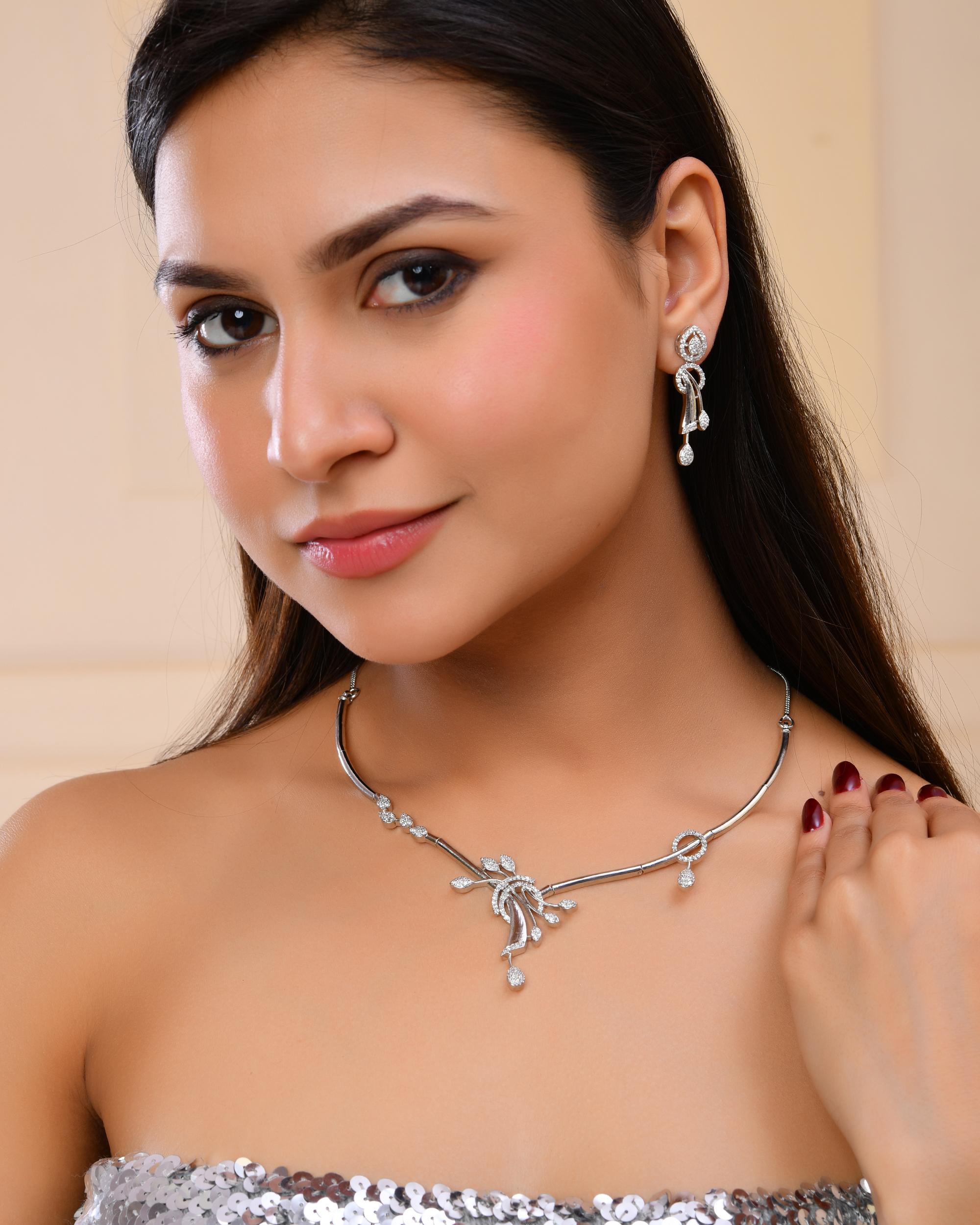 VOJ Silver Toned Stylish Ad- Studded Jewellery Set | Grocsy
