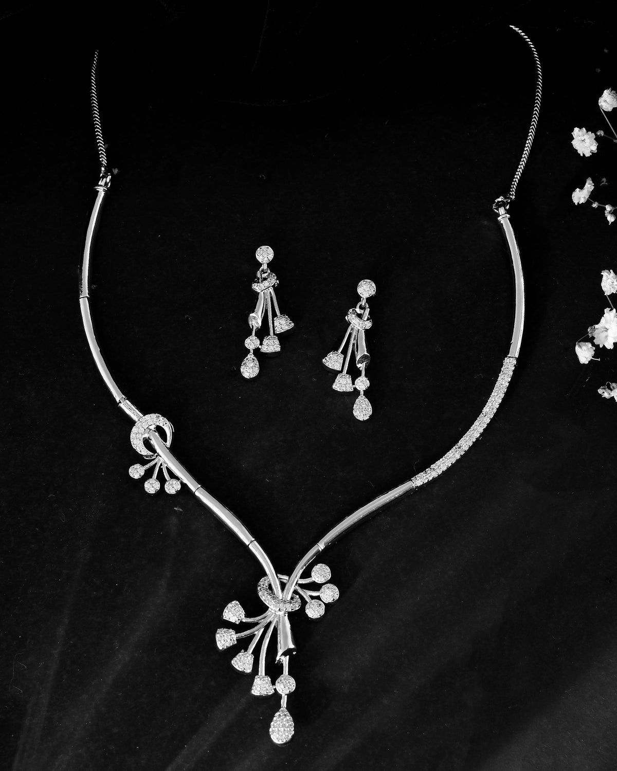 VOJ Silver Plated Ad Stone Studded Designer Necklace With Earrings Set | Grocsy
