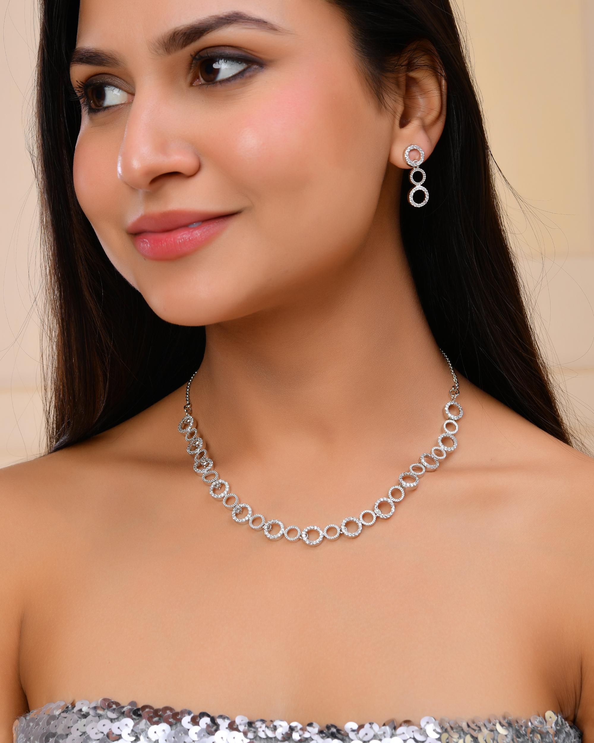 VOJ Silver Plated Ad Stone Studded Round Shaped Necklace And Earrings Set | Grocsy