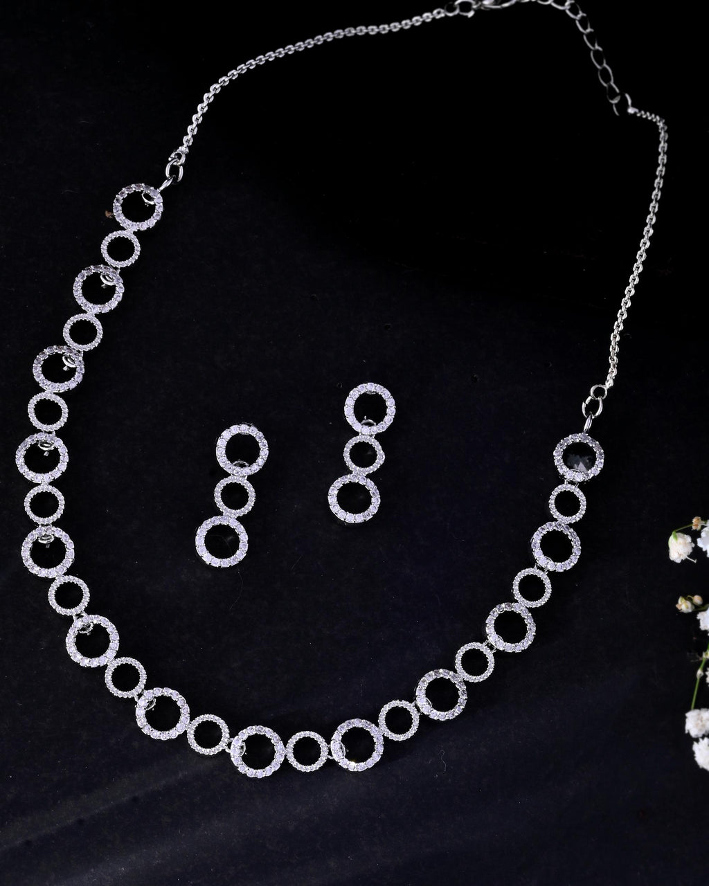 VOJ Silver Plated Ad Stone Studded Round Shaped Necklace And Earrings Set | Grocsy