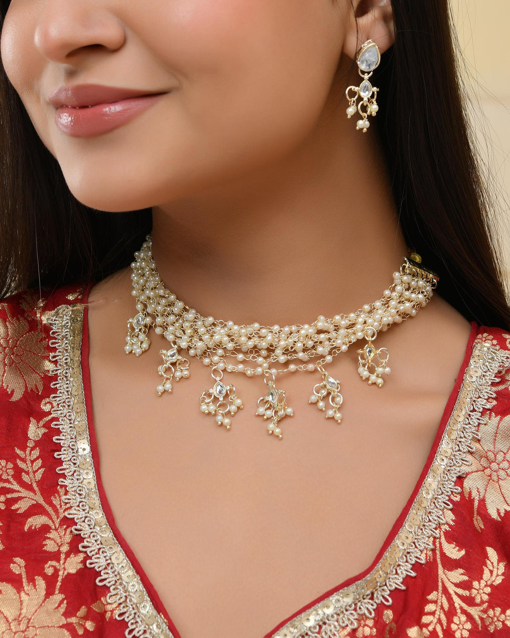 VOJ Gold-Polished Multi Layered Pearl Choker With Earrings Set | Grocsy