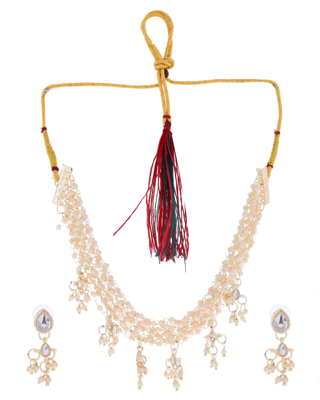 VOJ Gold-Polished Multi Layered Pearl Choker With Earrings Set | Grocsy