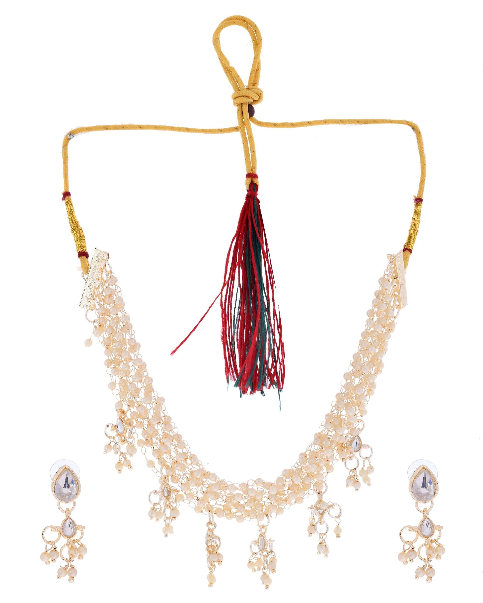 VOJ Gold-Polished Multi Layered Pearl Choker With Earrings Set | Grocsy