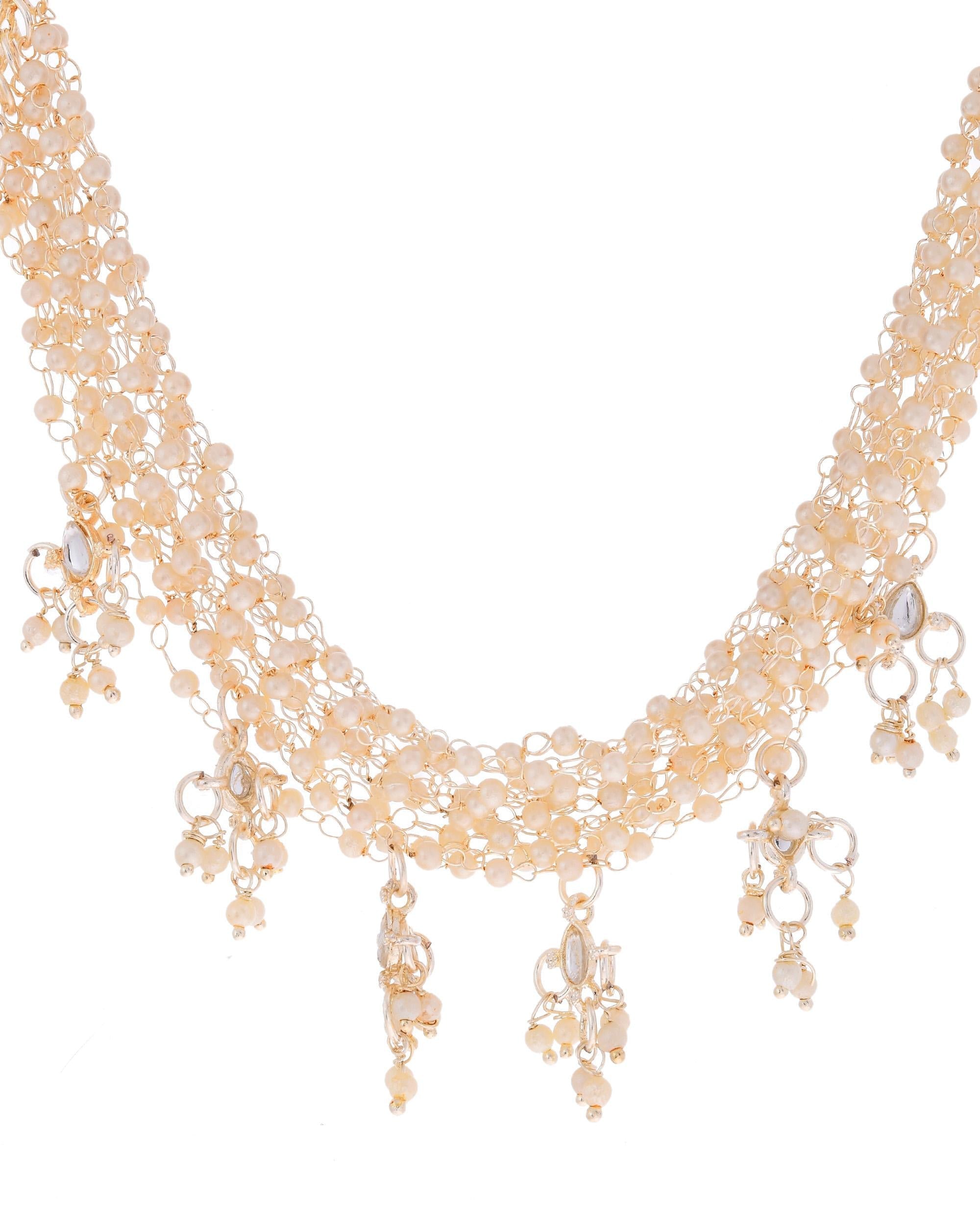 VOJ Gold-Polished Multi Layered Pearl Choker With Earrings Set | Grocsy