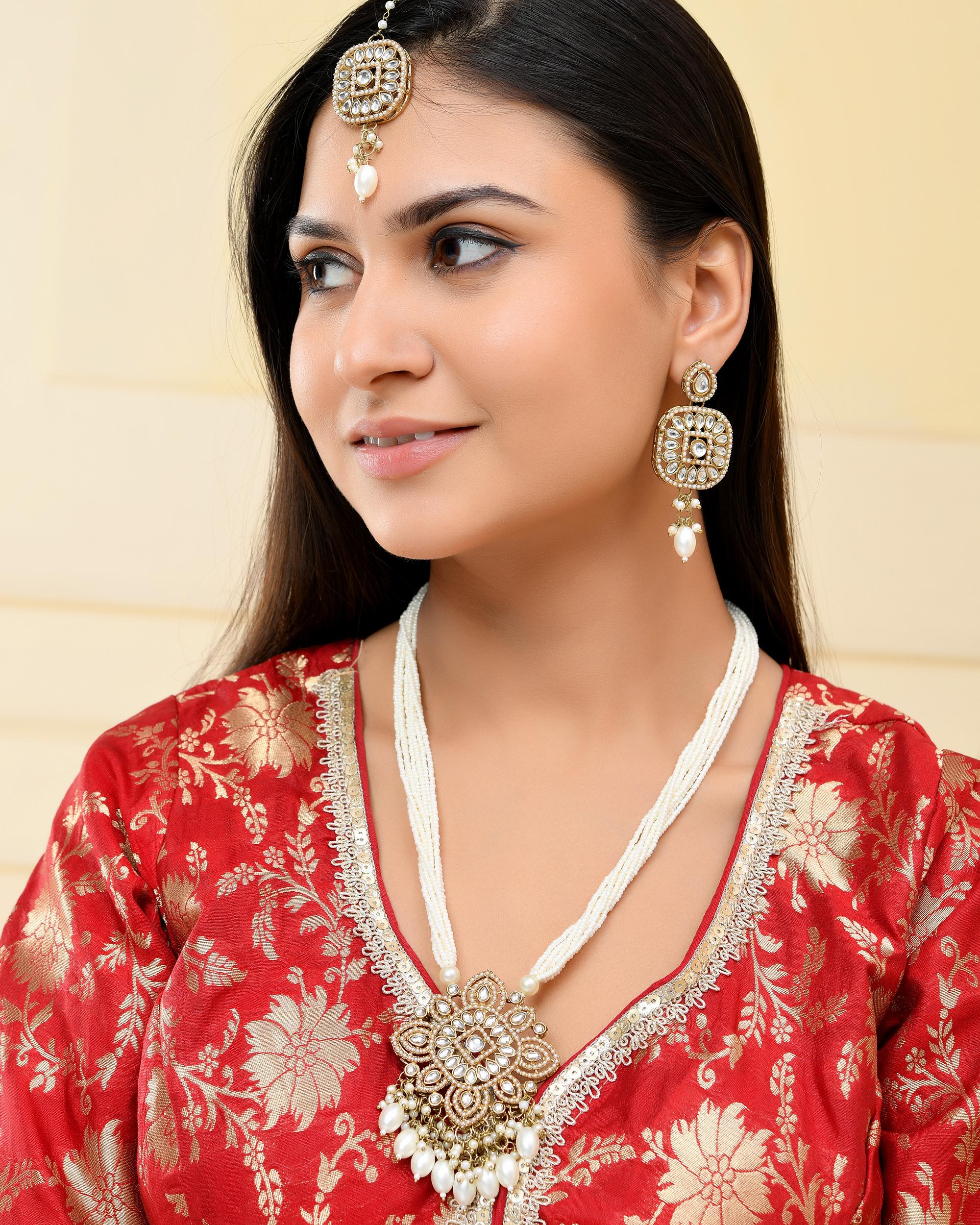 VOJ Gold-Polished Kundan Stone Studded Long Jewellery Set | Grocsy