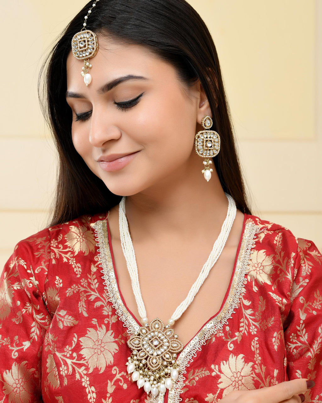 VOJ Gold-Polished Kundan Stone Studded Long Jewellery Set | Grocsy