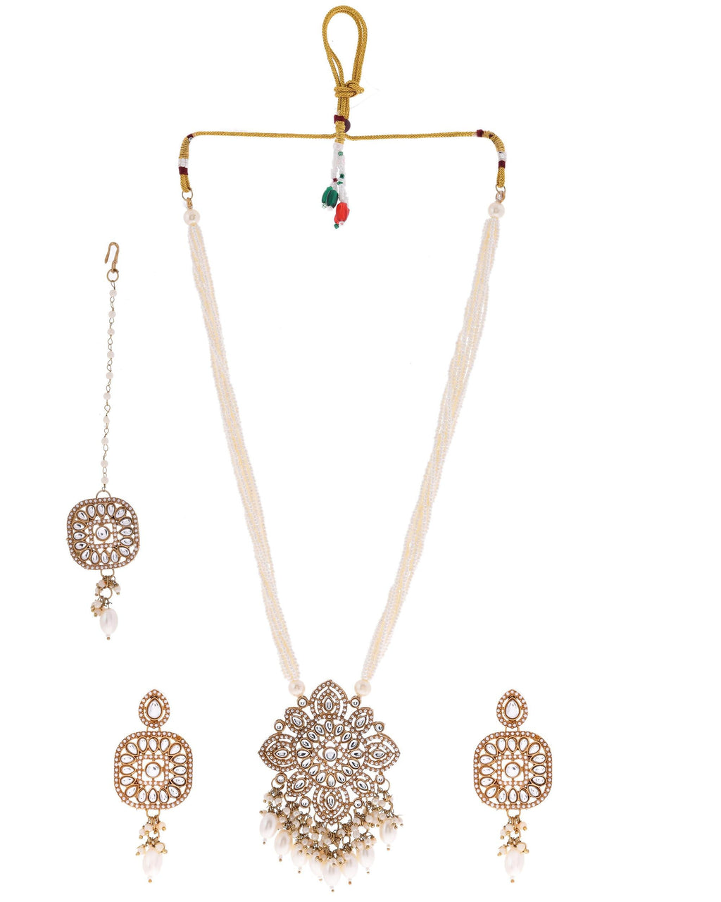 VOJ Gold-Polished Kundan Stone Studded Long Jewellery Set | Grocsy