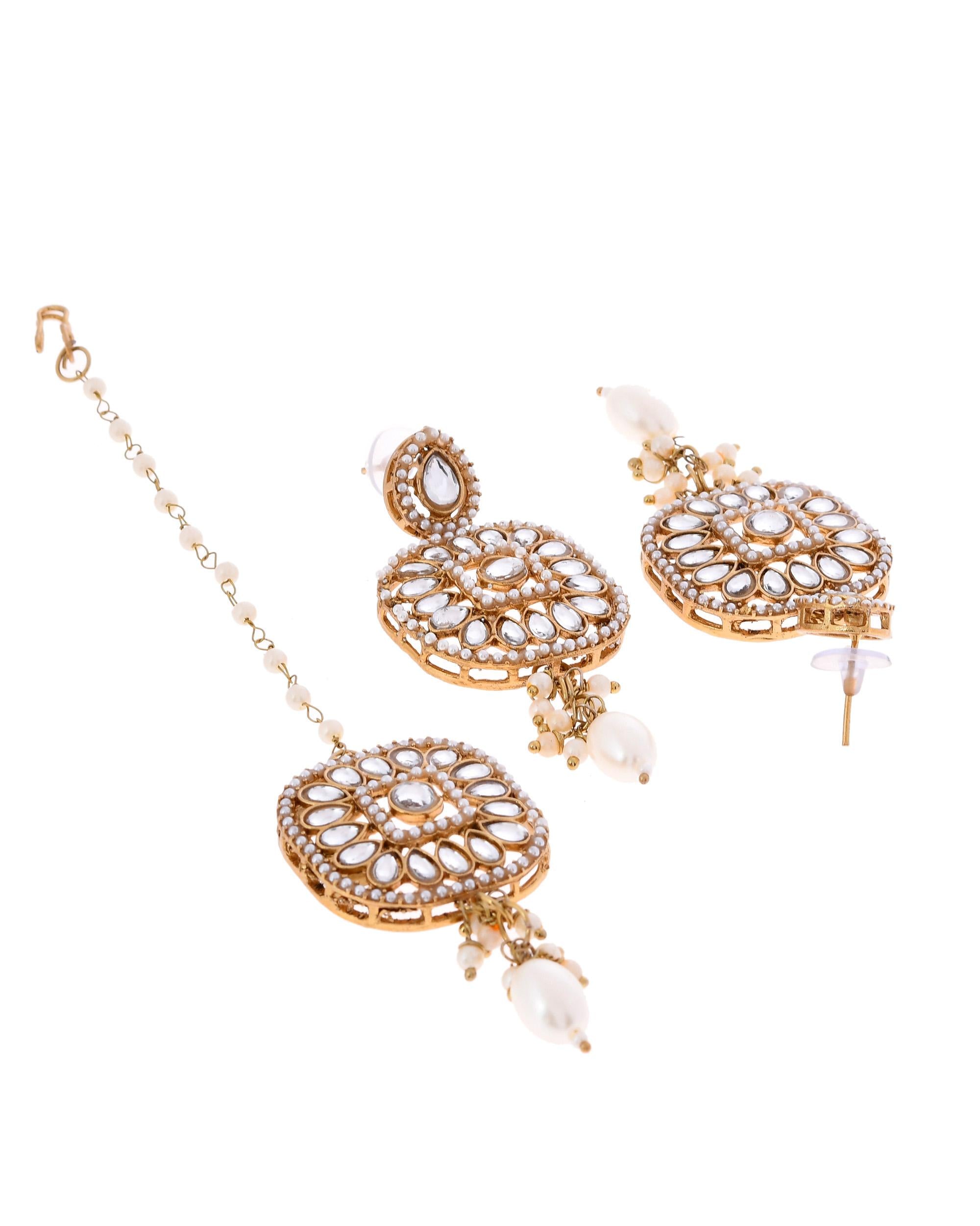 VOJ Gold-Polished Kundan Stone Studded Long Jewellery Set | Grocsy