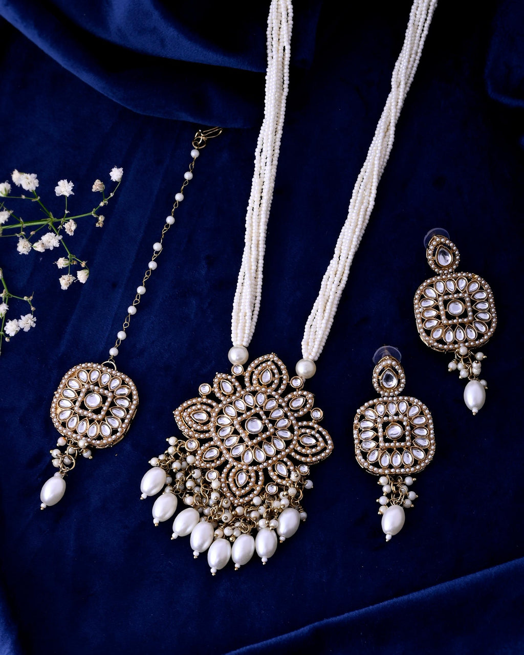 VOJ Gold-Polished Kundan Stone Studded Long Jewellery Set | Grocsy