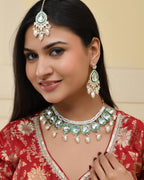 VOJ Gold-Polished White Kundan Stone Studded Choker With Earrings And Maang Tikka Set | Grocsy