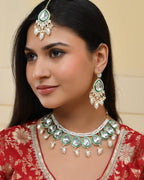 VOJ Gold-Polished White Kundan Stone Studded Choker With Earrings And Maang Tikka Set | Grocsy