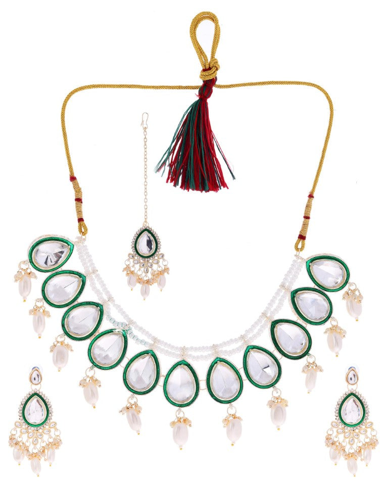 VOJ Gold-Polished White Kundan Stone Studded Choker With Earrings And Maang Tikka Set | Grocsy