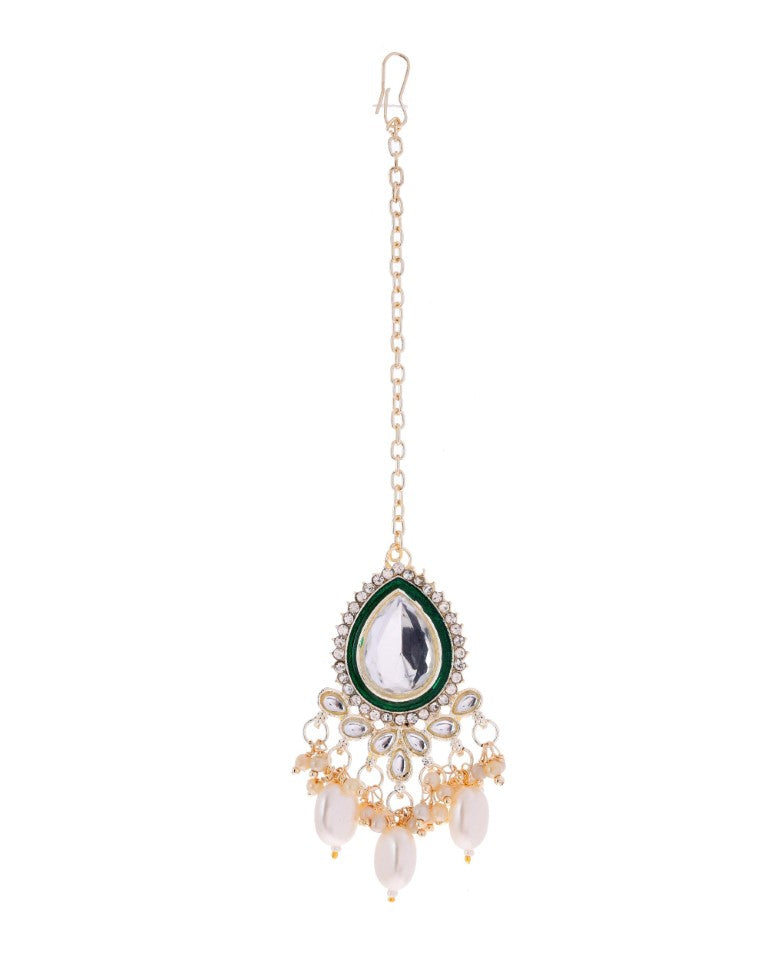 VOJ Gold-Polished White Kundan Stone Studded Choker With Earrings And Maang Tikka Set | Grocsy