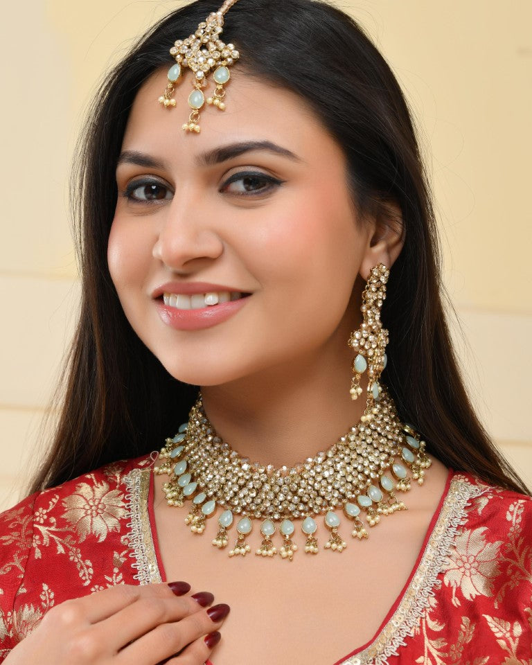 VOJ Gold And Sea Green Stone Studded Classic Choker Set | Grocsy